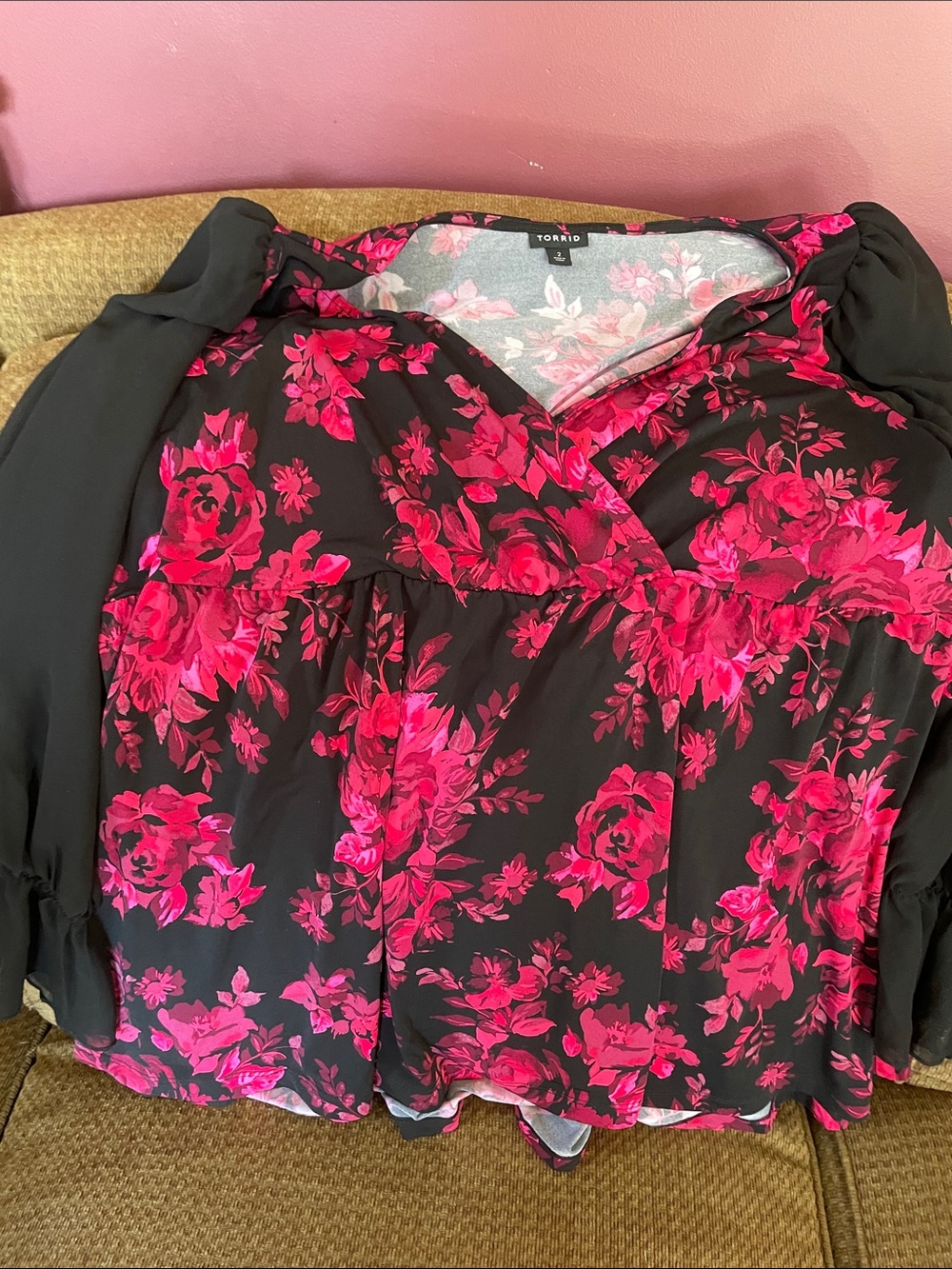 torrid Black Blouse with Hot Pink Floral Print